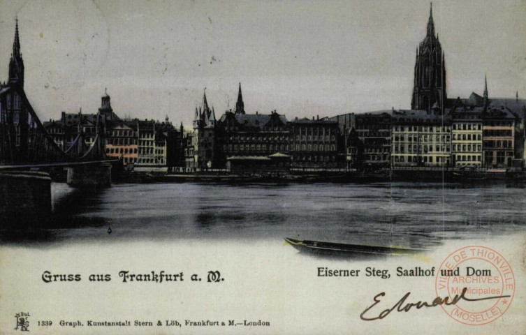 Gruss aus Frankfurt. Eiserner Steg, Saalhof und Dom