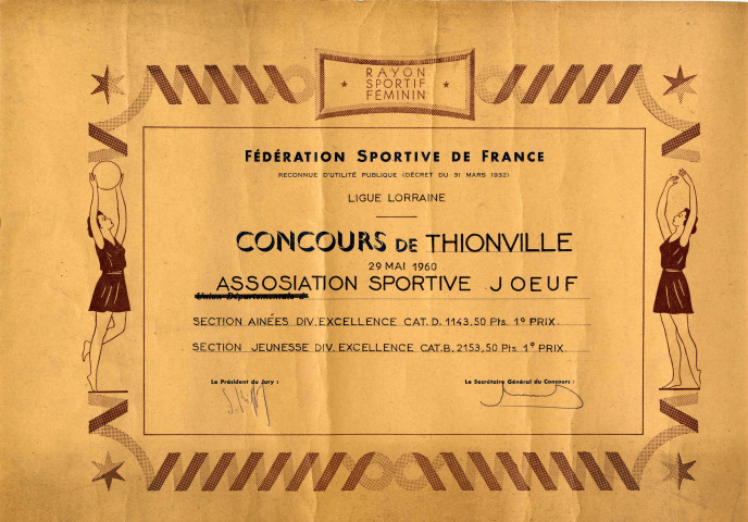 Diplôme décerné à l'Association Sportive de Joeuf lors du concours de Thionville organisé le 29 mai 1960.