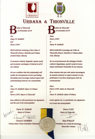 Diplôme de jumelage entre les villes d'Urbana et Thionville (2019)