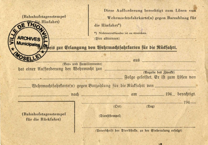Carte d'identité pour l'obtention des billets de la Wehrmacht pour le voyage de retour