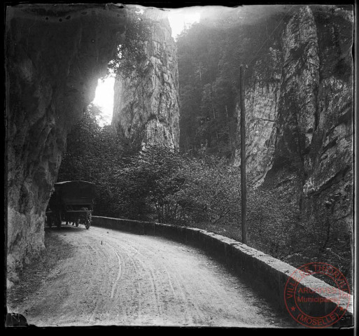 Arrière d'une calèche sur une route de montagne