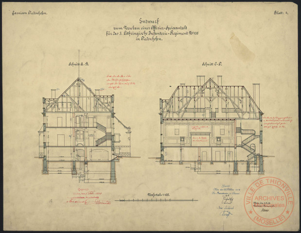 ENTWURF ZUM NEUBAU EINER OFFIZIER-SPEISEANSTALT FÜR DAS 3. LOTHRINGISCHE INFANTERIE-REGIMENT N°135 IN DIEDENHOFEN. BLATT 4.