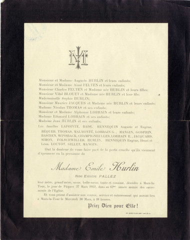 Faire-part de de mariage du baron Jean Sellière avec Renée de Wendel (1926).