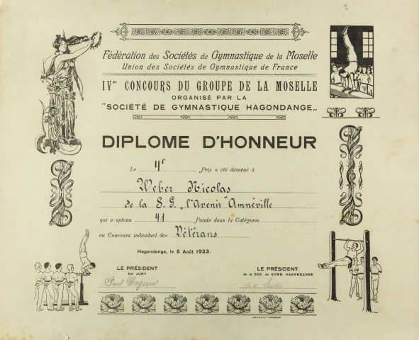 Diplôme d'honneur décerné à WEBER Nicolas de la Société de gymnastique 'l'Avenir Amnéville' en 1923