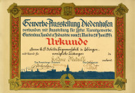 Gewerbe-Ausstellung Diedenhofen verbunden mit Austellung für Lothringen Kunstwerbe, Gartenbau, handel und Industrie vom 21 mai bis 28 juni 1914. Urkunde Herrn A. F. Schiltz, Teigwarenfabrik in Ebingen, wird hiermit für vorzügliche Leistungen die goldene Medaille.