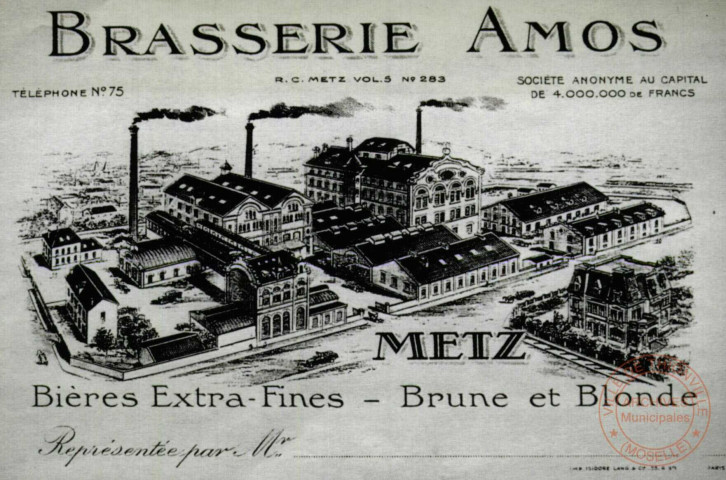 BRASSERIE AMOS,1868-1992 : Bières Extra-Fines - Brune et Blonde - Metz