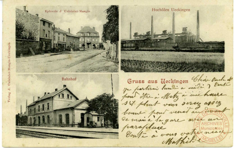 Gruss aus Uckingen - Epicerie J. Cuinier-Mangin - Hochöfen - Bahnhof