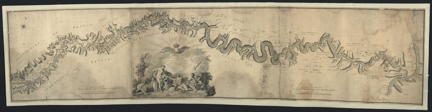 CARTE DU COURS DE LA MOZELLE DEPUIS LA VILLE DE METZ JUSQU'A CELLE DE COBLENTZ. VERIFIEE PAR ORDRE DU ROY, SOUS LES YEUX DE MONSIEUR DE CALONNE INTENDANT DES TROIS EVECHES &. PAR Mr. LE BRUN DIRECTEUR DE LA SOCIETE ROYALE DE METZ EN 1772