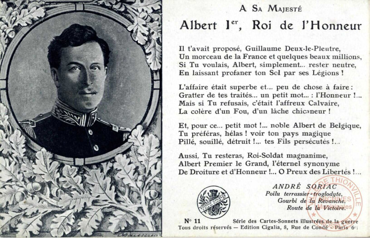 Cartes postales - Sonnets illustrés de la Guerre 1914-1915- Albert 1er, roi de l'honneur- A nos chères mobilisées,- A nos villages,- A nos grands disparus,- Son pinson,- Premières violettes,- L'assaut,- Leur victime,- Les pauvres cochons boches,- Le cuistot