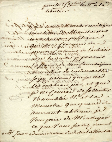 Lettre de Merlin de Thionville adressée à M. Zimmer, administrateur du district de Thionville concernant les incendiés de Rodemack, 15 décembre 1795.