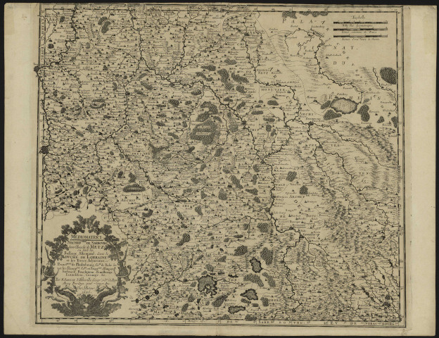 MEDIOMATRICI. ARCHIDIACONNE DE SARREBOVRG, DANS L'EVESCHE DE METZ : OU SONT LES BALLIAGE ALLEMAND, DANS LE DVCHE DE LORRAINE. ET LES TERRES ADJACENTES, sc. PRINCIPAUTE DE PHALTZBOURG, COMTE DE BICHE. &. ET LES PRINCIPAUTES, COMTES, ET SEIGNEURIES D'EMPIRE, SARREBRUCK, BOUCKENOM, FENESTRANGE, LUTZELSTEIN, CREANGE, &. PAR N. SANSON D'ABBEVILLE GEOGR. ORD. DU ROY AVECQ PRIVILEGE POUR VINGT ANS