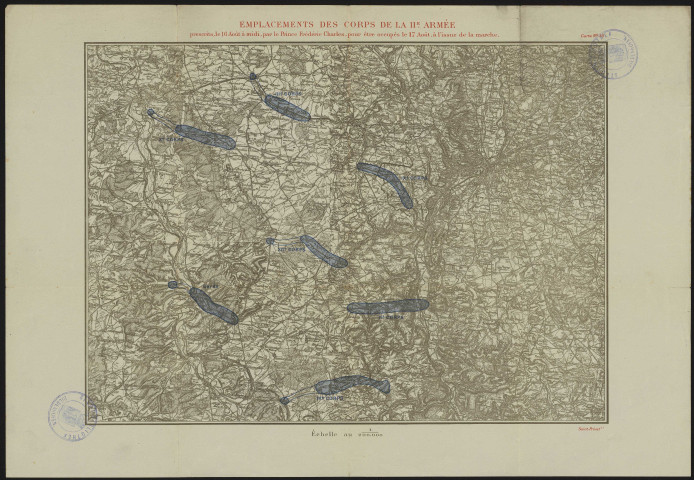 EMPLACEMENTS DES CORPS DE LA IIe. ARMEE prescrits, le 15 Août au soir, par le Prince Frédéric Charles, pour être occupés le 16 Août, à l'issue de la marche. Carte n°38