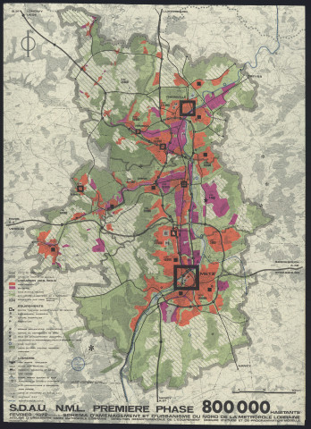 « SCHEMA D'AMENAGEMENT ET D'URBANISME DU NORD DE LA METROPOLE DE LORRAINE ».- Modifié en 1973, approuvé par décret interministériel du 11.1.1974.- Légende. Long terme pour 800 000 habitants.Thionville, Metz, Briey, Fensch.