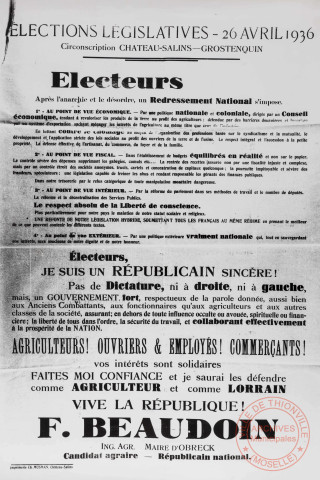 [Affiches des élections législatives du 26 avril 1936 pour la circonscription de Château-Salins - Grostenquin]