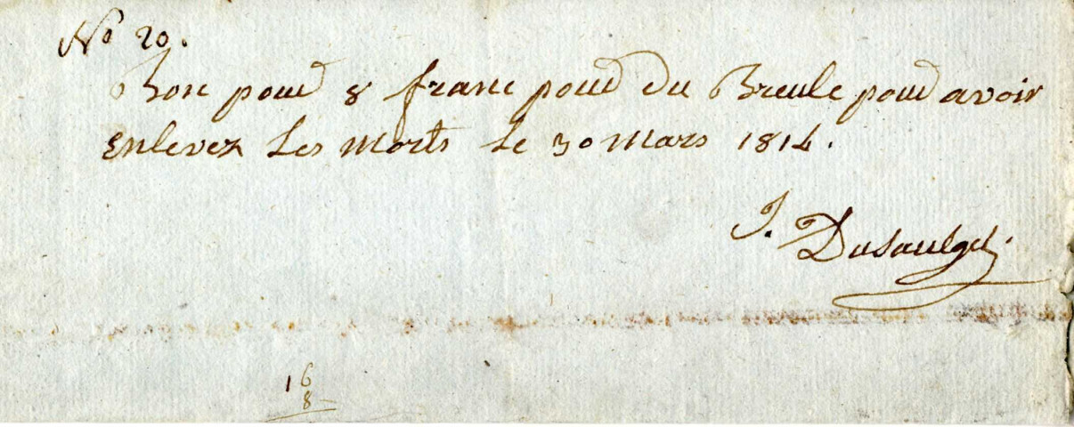 Bons pour Dubreuil pour avoir enlevé les morts, papier, manuscrit, encre, mars-avril 1814
