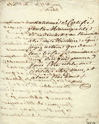 Lettre de Merlin de Thionville adressée à M. Zimmer, administrateur du district de Thionville concernant les incendiés de Rodemack, 15 décembre 1795.