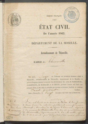 État civil : registre de naissances, mariages et décès (1862)