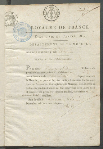 État civil : registre de naissances, mariages, décès (1822)