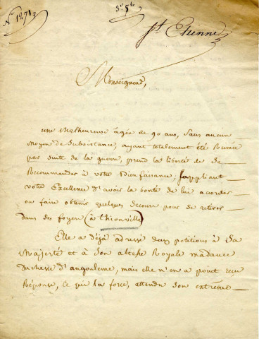 Lettre de Jeanne Erar demandant une aide pour une femme sans ressources qui voudrait revenir à Thionville.