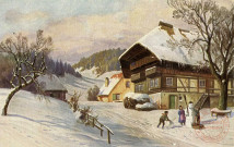 [Paysage hivernal, 3 enfants sont en train de réaliser un bonhomme de neige dans un petit village vallonné]