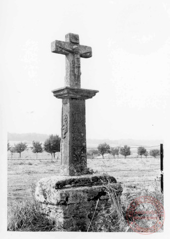 Bildstock situé à Roussy-le-Village au lieu-dit "Schelleboschweg". Aussi appelée "Croix Schelleboschkreiz", elle est datée 1660 et a été érigée pour Sondag Raves de Roussy. Sujet: Christ en croix, fleur, soc