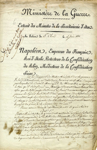 Extrait des minutes de la secrétairerie d'état du ministère de la Guerre concernant la cession du bâtiment des Augustins pour l'établissement d'un collège et l'autorisation de construire un manège couvert.