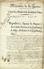 Extrait des minutes de la secrétairerie d'état du ministère de la Guerre concernant la cession du bâtiment des Augustins pour l'établissement d'un collège et l'autorisation de construire un manège couvert.