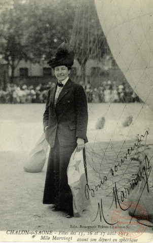 Chalon-sur-Saone. Fêtes des 15,16et 17 août 1913. Mlle Marvingt avant son départ en sphérique.
