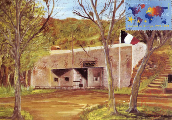 Seconde Biennale de la Peinture et de la Carte Postale au pays des Trois Frontières - Peinture de Marie-Louise Herder représentant un ouvrage de la ligne Maginot, le Hackenberg.