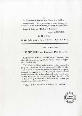 Octroi de Thionville. Arrêté du préfet du département de la Moselle (1812)