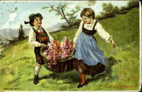 Enfants portant un panier de fleurs.
