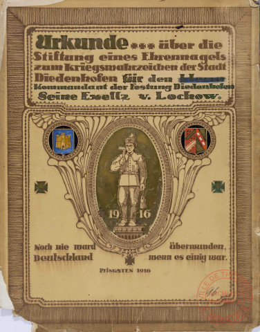 Urkunde über die Stiftung eines Ehrennagels zum kriegsmatrzeichen der Stadt Diedenhofen