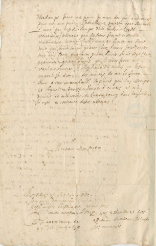 Lettre manuscrite envoyée de la ville de Luxembourg adressé "A mon cousin..." où il est fait état du siège de Thionville