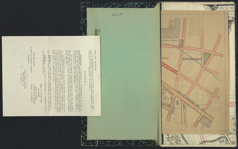 « PLAN D'EXTENSION DE THIONVILLE. 1ère PARTIE »/ dressé par le service d'arpentage en 1936 - En plus, une carte sur le secteur d'Aschenwinkel au 2000e (modification du plan d'extension de 1937).St. Pierre, Schoeneck, Birke, Les Près de Guentrange, La Briquerie, Aschenwinkel