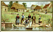 Le bateau à voile (enfants jouant avec une maquette de bateau sur la rivière du village).