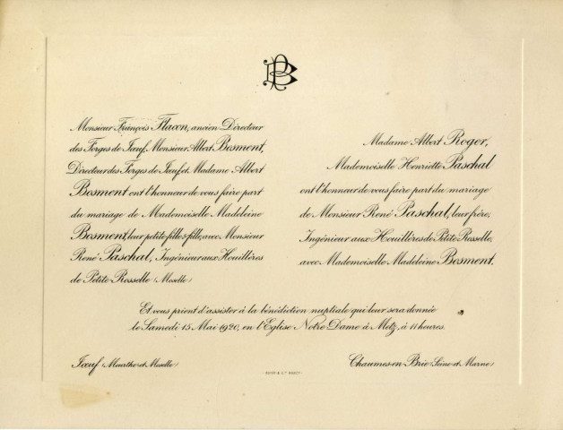 Faire-part de de mariage de René Paschal avec Madeleine Bosment à Metz (1920).