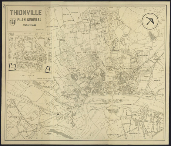 « THIONVILLE. PLAN GENERAL ».- Reproduction d'un plan mis à jour en 1958. En plus, un plan du centre ville au 2000e.