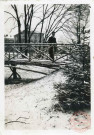 Portrait d'un homme posant sur un petit pont en bois dans un parc