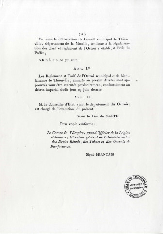 Octroi de Thionville. Arrêté du préfet du département de la Moselle (1812)