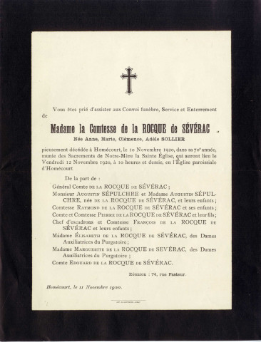 Faire-part de décès de Madame la Comtesse de la Rocque de Sévérac née Anne Marie Clémence Adèle Sollier décédée à Homécourt (1920).