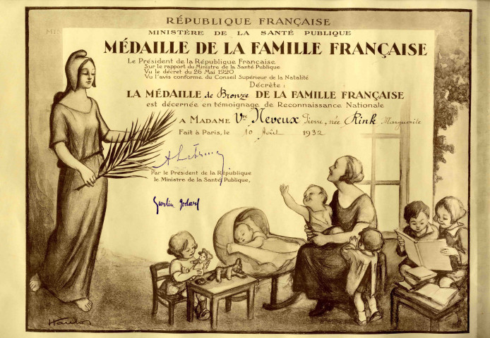 [Diplôme de la médaille de bronze de la Famille Française attribué à Madame Vve Neveux Pierre, née Rinck Marguerite en 1932]