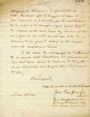 Lettre de Jeanne Erar demandant une aide pour une femme sans ressources qui voudrait revenir à Thionville.
