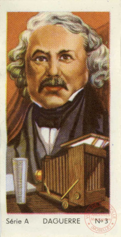 Portrait de Louis Daguerre, né le 18 novembre 1787 à Cormeilles-en-Parisis et mort le 10 juillet 1851 à Bry-sur-Marne, est un peintre et photographe français. Sa commercialisation du daguerréotype inspiré des travaux de Joseph Nicéphore Niepce a fait qu'il a un temps été considéré comme l'inventeur de la photographie.
