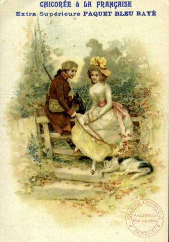 Femme en costume du XIXème sur un banc avec homme