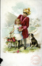 Enfant: frère et sœur avec chien et une charrette de fleurs.