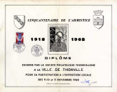 Diplôme décerné par la société philatélique thionvilloise à la ville de Thionville pour la participation à l'exposition locale des 9-10 et 11 novembre 1968