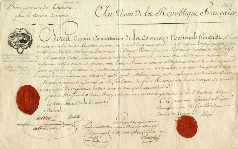 Brevet provisoire de capitaine au 8ème régiment de chasseurs à cheval délivré en conseil de guerre dans Mayence bloquée au citoyen Etienne François Le Crosnier, lieutenant dans la même unité signatures : Merlin de Thionville, Reubell, d'Oyré. 2 cachets de cire 'République Française'.
