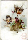 Oiseaux portant un panier rempli de fruits et un verre de vin.