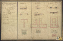 « ATLAS DES BATIMENTS MILITAIRES. GENIE. DIRECTION DE METZ. PLACE DE THIONVILLE. AN 1849. PLAN, COUPES, PROFILS ET ELEVATIONS DE LA PORTE DE LUXEMBOURG ET DES BATIMENTS ADJACENTS » Souterrain de la courtine (51-53) : coupes, plan, fragment du plan de la Place pour faire connaître la position du souterrain établi sous la courtine.Souterrain de la courtine (53-55) : coupes, plan des souterrains établis à droite et à gauche de la porte de Sarrelouis, fragment du plan de la Place pour faire connaître la position des souterrains établis à droite et à gauche de la porte de Sarrelouis.Souterrain de l'église paroissiale : coupes, plan des souterrains établis sous l'église paroissiale, fragment du plan de la Place pour faire connaître la position des souterrains établis sous l'église paroissiale.