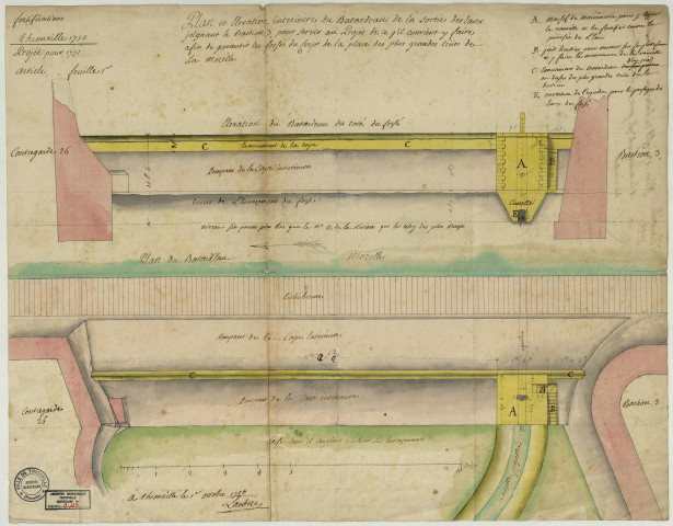 PLAN ET ELEVATION INTERIEUR DU BATARDEAU DE LA SORTIE DES EAUX JOIGNANT LE BASTION 3, POUR SERVIR AU PROJET DE CE QU'IL CONVIENT Y FAIRE AFIN DE GARANTIR LES FOSSES DU CORPS DE LA PLACE DES PLUS GRANDES CRÜES DE LA MOZELLE